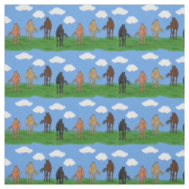 Horses with Clouds Illustration Patterned Fabric (Swatch)