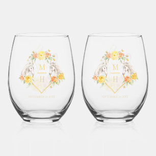 Horses yellow rose monogram Mr and Mrs wedding  Stemless Wine Glass