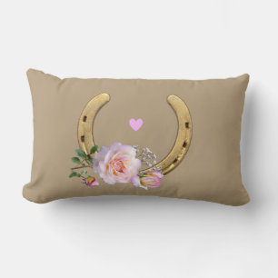 Horseshoe and flowers on beige lumbar cushion