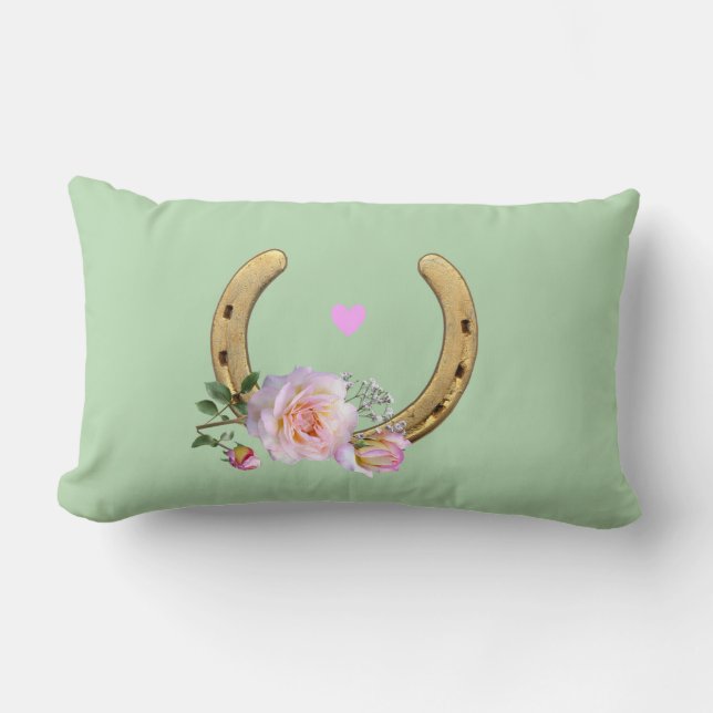 Horseshoe and flowers on light green lumbar cushion (Front)