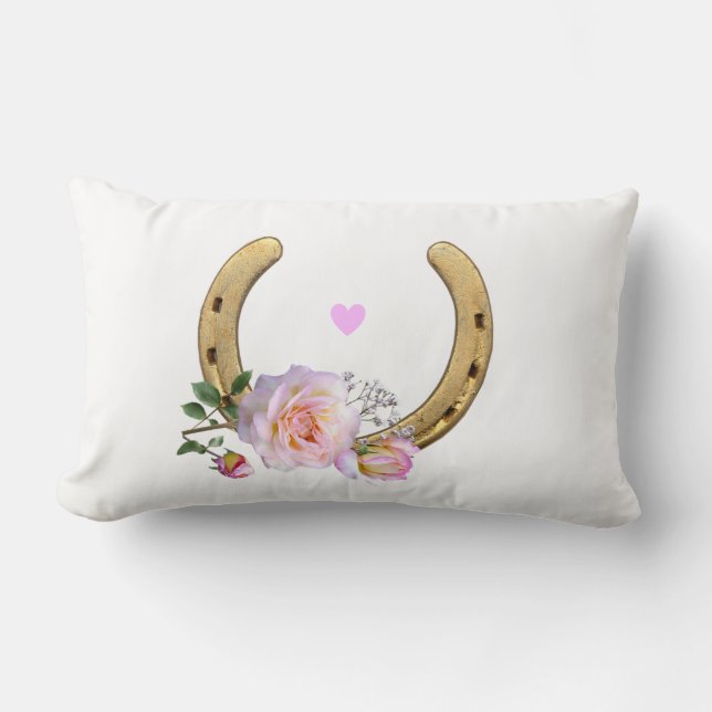 Horseshoe and flowers on white lumbar cushion (Front)