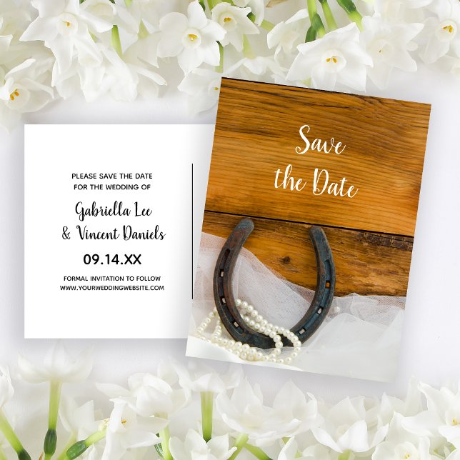 Horseshoe and Pearls Western Wedding Save the Date Announcement Postcard (Creator Uploaded)