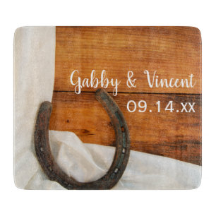 Horseshoe and Satin Country Barn Wedding Cutting Board