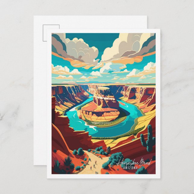 Horseshoe Bend Arizona Vintage Travel Illustration Postcard (Front/Back)