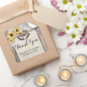 Horseshoe Burlap Lace Sunflowers Wedding Thank You Square Sticker
