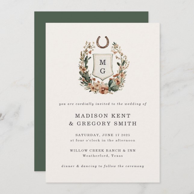 Horseshoe Cactus Western Country Crest Wedding  Invitation (Front/Back)