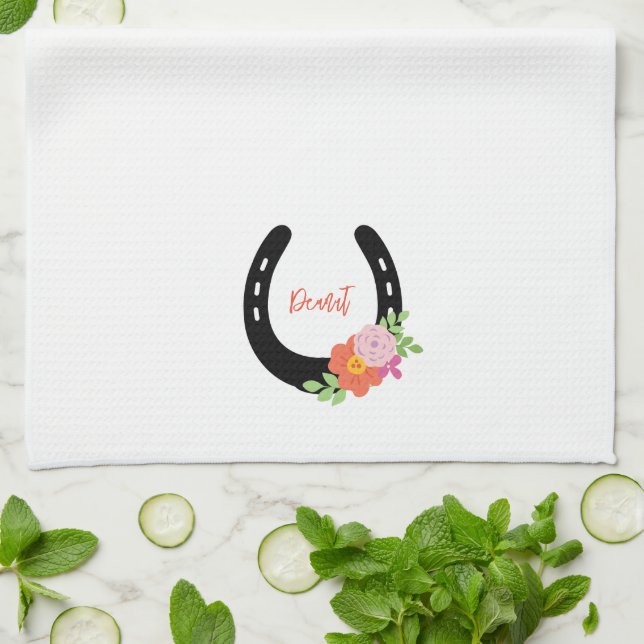 Horseshoe Flowers NAME Keepsake Horse Memorial  Tea Towel (Folded)