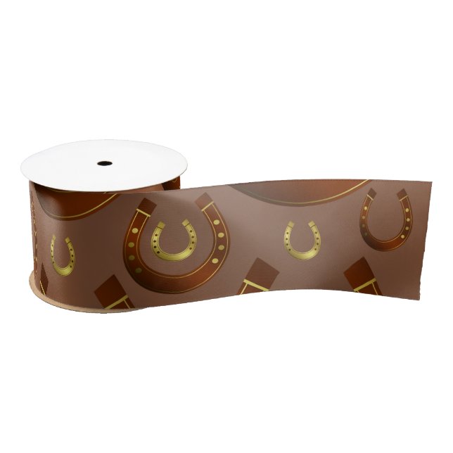 horseshoe, gold brown pattern satin ribbon (Spool)