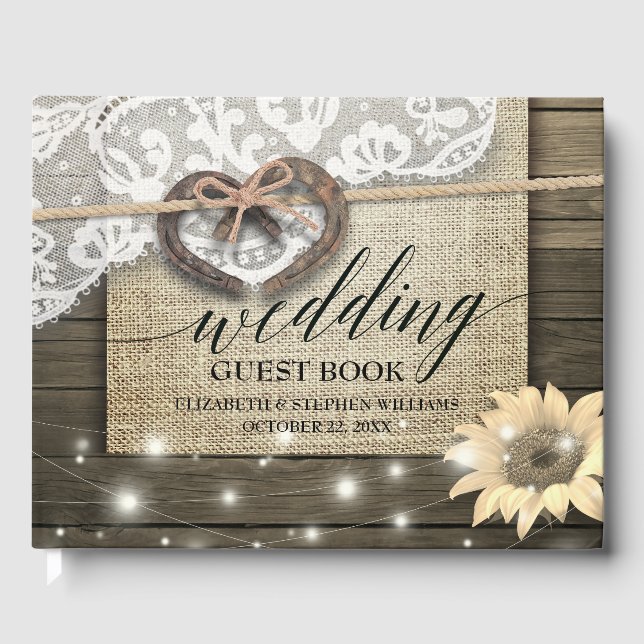 Horseshoe Heart Lace Sunflower Wood Wedding Shower Guest Book (Front)