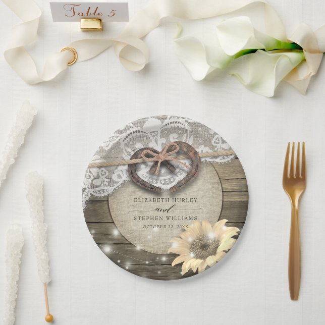 Horseshoe Heart Lace Sunflower Wood Wedding Shower Paper Plate (Wedding)