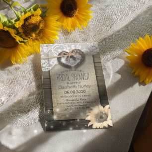 Horseshoe Lace Burlap Sunflower Wood Bridal Shower Invitation