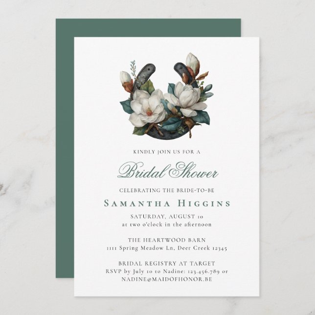 Horseshoe Magnolia Elegant Wedding Bridal Shower Invitation (Front/Back)