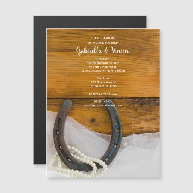 Horseshoe, Pearls and Barn Wood Country Wedding Magnetic Invitation (Front/Back)