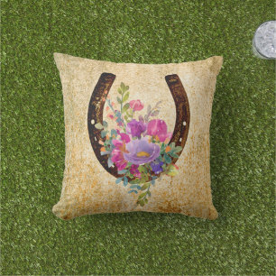 Horseshoe Rustic Watercolor Floral Good Luck Cushion