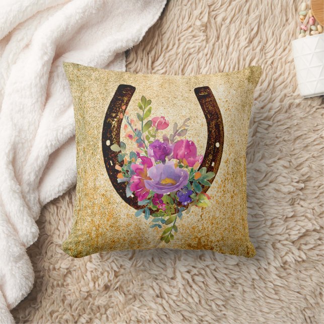 Horseshoe Rustic Watercolor Floral Good Luck  Cushion (Blanket)