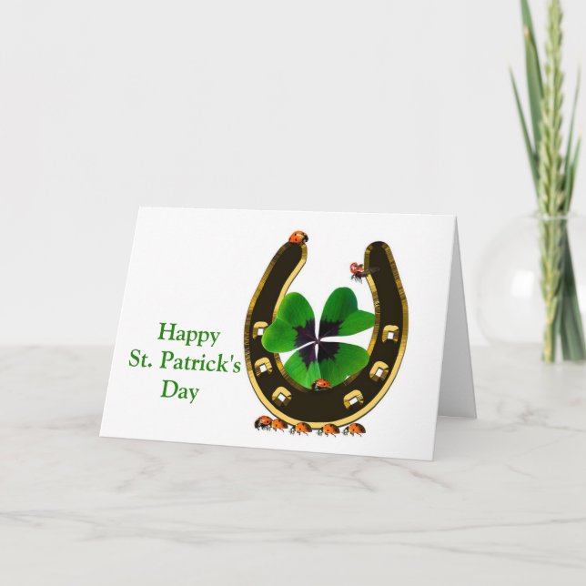 Horseshoe Shamrock Ladybugs St. Patricks Day Holiday Card (Front)