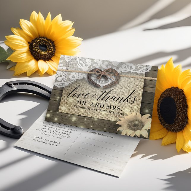 Horseshoe Sunflower Country Wood Wedding Thank You Postcard (Creator Uploaded)