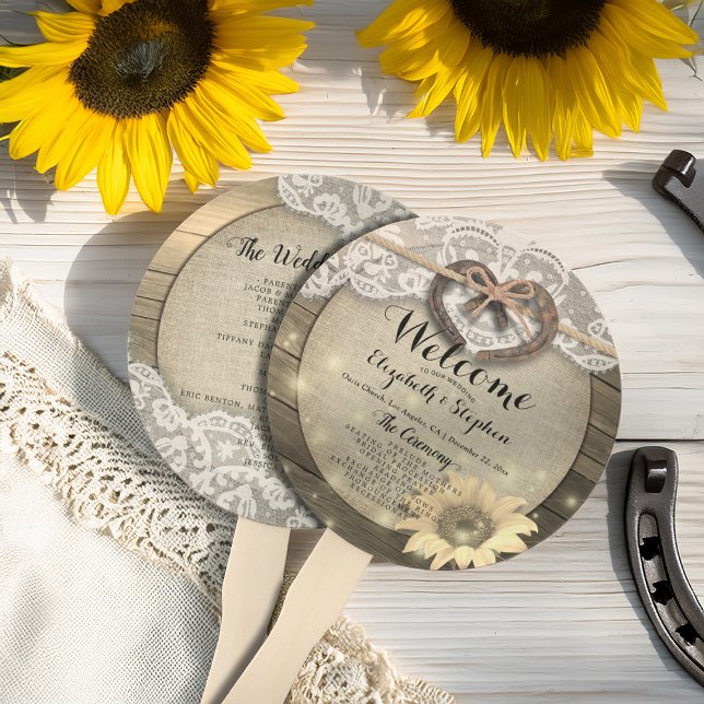Horseshoe Sunflower Wood Wedding Programs Hand Fan (Creator Uploaded)