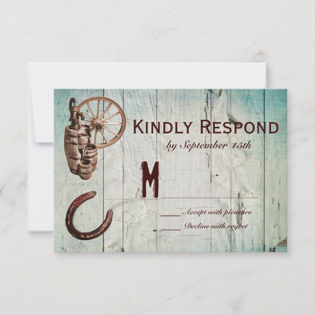 Horseshoe Wagon Wheel Barrel Wedding RSVP Cards (Front)