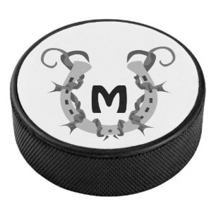 Horseshoe Wrapped in Barbed Wire Monogram Hockey Puck