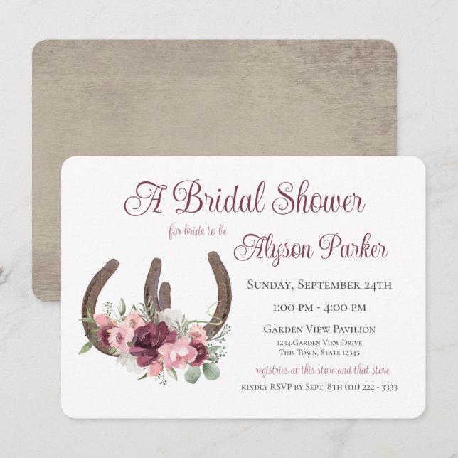 Horseshoes and Flowers Barn Wood Bridal Shower Invitation (Front/Back)