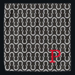 Horseshoes Black Initial Horse Equestrian Cowboy Bandana<br><div class="desc">Horseshoe pattern in white on black background with custom INITIAL in red. Easy to personalise text, text colour, font. Great Bandanna for ANY horse lover, cowboy, barn team, equestrian, pet scarf, horse show souvenir, horse memorial, event favour. Unisex, multi use. Colourful, Timeless, Fun. A Timeless Keepsake. Mix and match entire...</div>