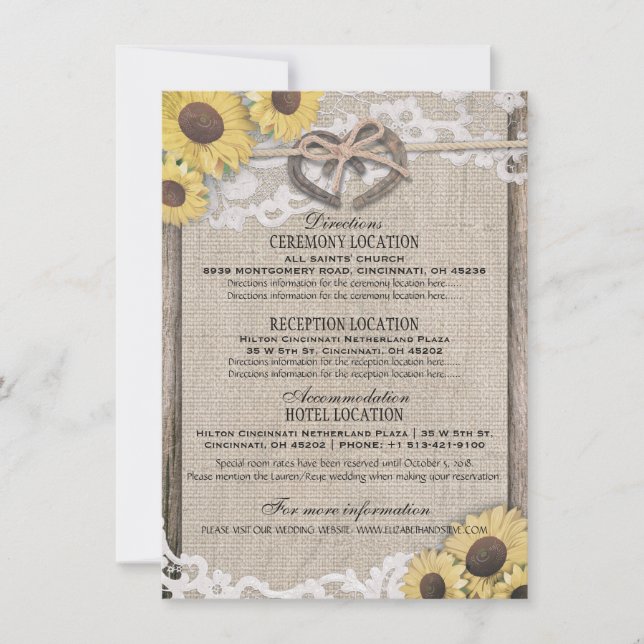 Horseshoes Burlap Lace Sunflower Wedding Details Invitation (Front)