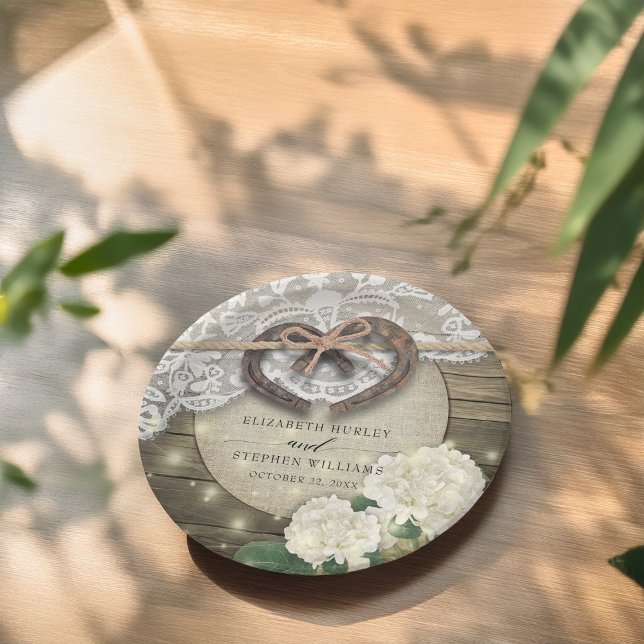 Horseshoes Hydrangea Flowers Rustic Wedding Shower Paper Plate (Creator Uploaded)