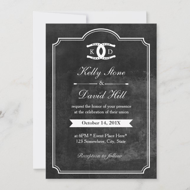Horseshoes Initials Chalkboard Equine Wedding Invitation (Front)