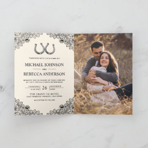 Horseshoes Lace Photo QR Code Cream Ivory Wedding Invitation