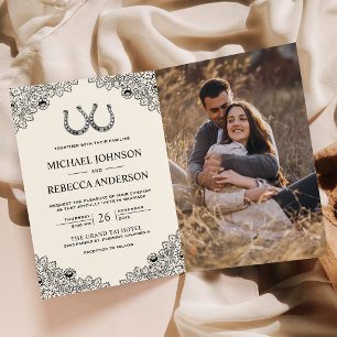 Horseshoes Lace Photo QR Code Cream Ivory Wedding Invitation