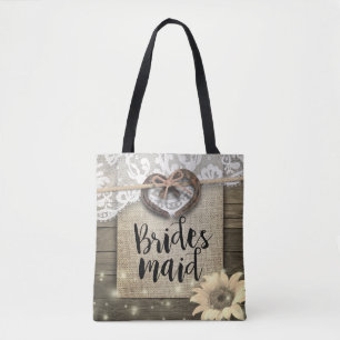 Horseshoes Lace Sunflowers Wood Wedding Bridesmaid Tote Bag