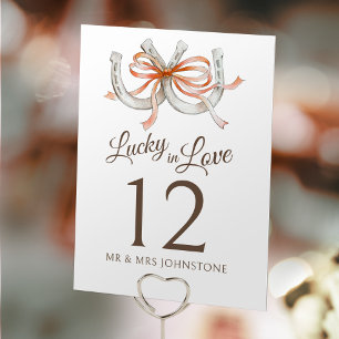 Horseshoes orange ribbon lucky watercolor wedding table number
