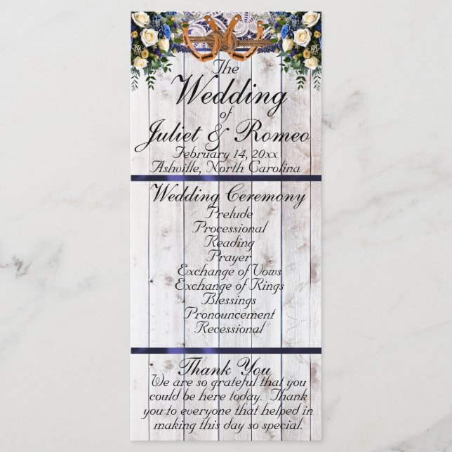 Horseshoes, Ribbon & Lace - Blue Wedding Program (Front)