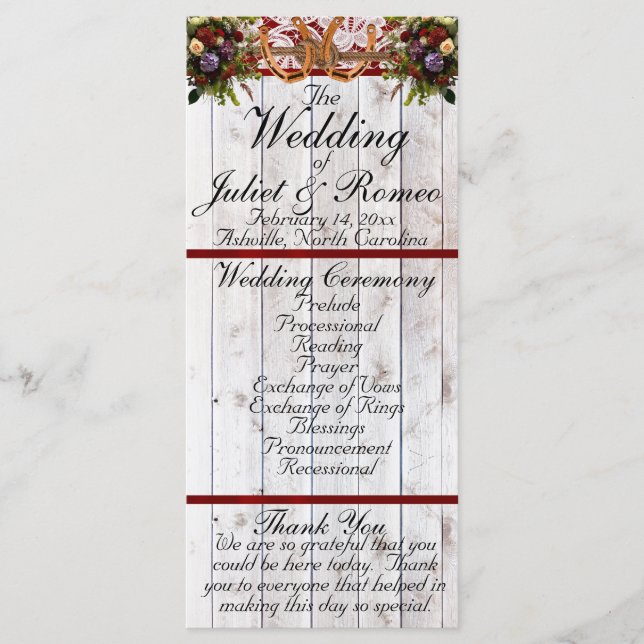 Horseshoes, Ribbon & Lace - Red Wedding Program (Front)