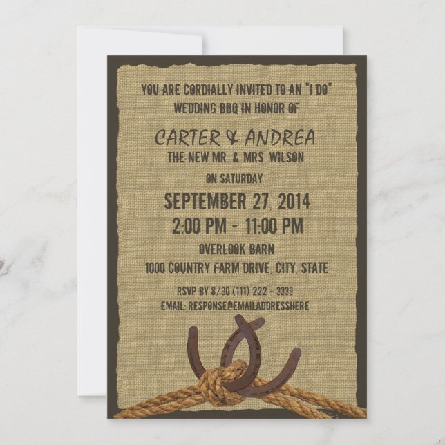 Horseshoes, Rope and Burlap BBQ Wedding Reception Invitation (Front)