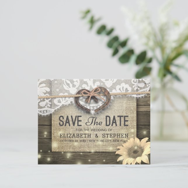 Horseshoes Sunflower Country Wedding Save The Date Postcard (Standing Front)