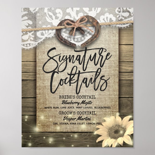 Horseshoes Sunflower Wedding Signature Drink Menu Poster (Front)