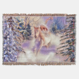 Horsewoman and colourful winter scenery watercolor throw blanket