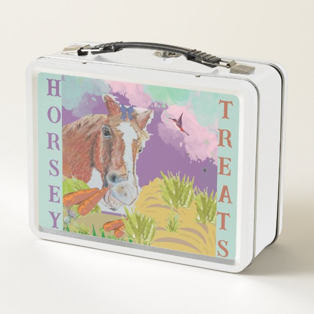 horsey prairie queen, cute cone of grass and thist metal lunch box (Back)