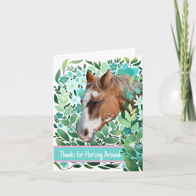 Horsing Around Floral Flat Thank You Card (Front)