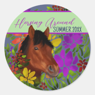 Horsing Around Flower Lover Brown Horse Classic Round Sticker