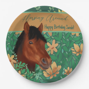 Horsing Around Flower Lover Brown Horse Paper Plate
