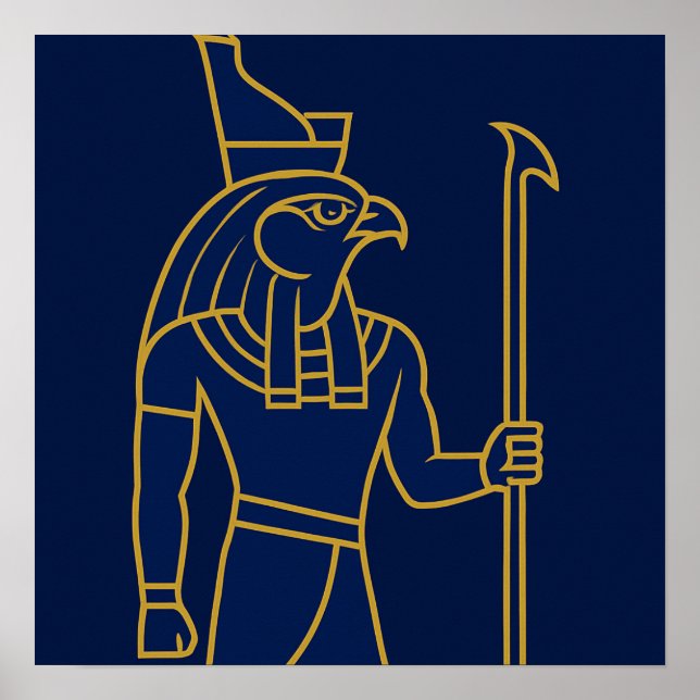 Horus Egyptian God Gold Line Art Blue Poster (Front)