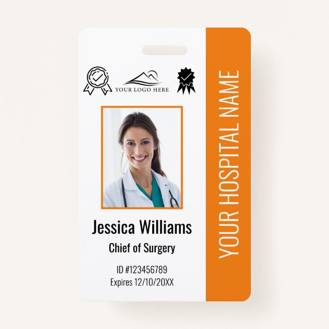 Hospital Employee Photo Certification Orange ID ID Badge (Front)