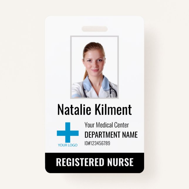Hospital Employee Photo Name Logo Black and White ID Badge (Front)