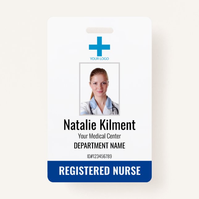 Hospital Employee Photo Name Logo Blue and White ID Badge (Front)