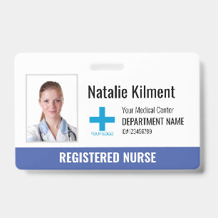 Hospital Employee Photo Name Logo Blue Black White ID Badge
