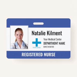 Hospital Employee Photo Name Logo Blue Black White ID Badge