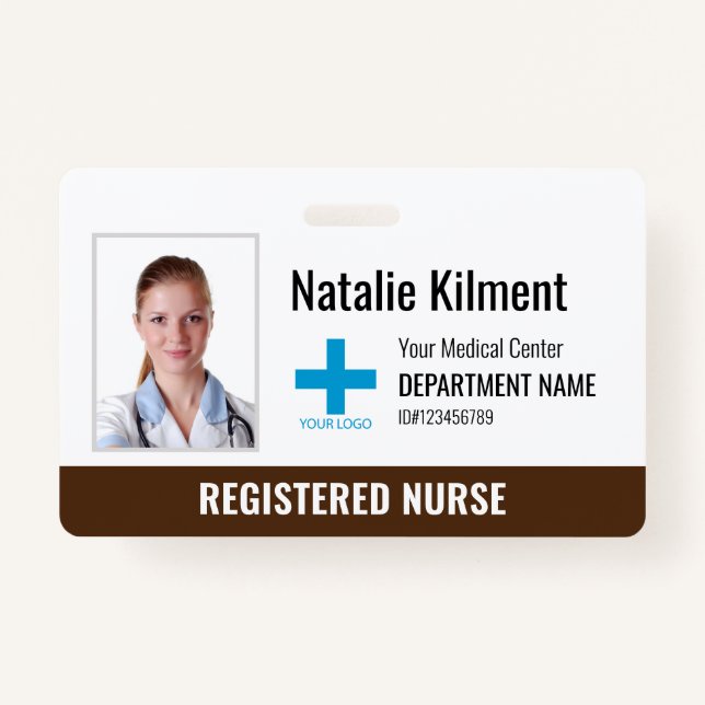 Hospital Employee Photo Name Logo Brown and White ID Badge (Front)